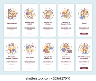 Hearing loss factors onboarding mobile app page screen with concepts set. Ageing, injury walkthrough 5 steps graphic instructions. UI, UX, GUI vector template with linear color illustrations