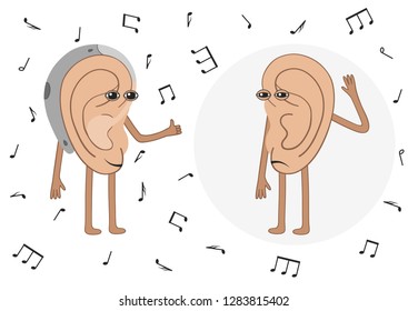 Hearing loss human ears try to listen to music. Cartoon
