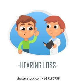 Hearing loss medical concept. Vector illustration. Doctor and patient are talking in the hospital. Isolated on white background.