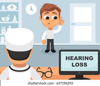 Hearing loss medical concept. Vector illustration. Doctor and patient are talking in the hospital. Isolated on white background.