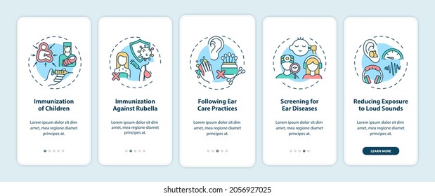 Hearing loss prevention onboarding mobile app page screen with concepts. Immunization, hygiene walkthrough 5 steps graphic instructions. UI, UX, GUI vector template with linear color illustrations