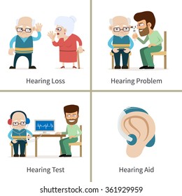 Pérdida auditiva - conjunto de ilustraciones vectoriales en estilo caricatura. Un anciano con problemas auditivos visita a un médico. Dispositivo detrás de la oreja. Concepto de sordera, atención médica para personas con problemas de audición.