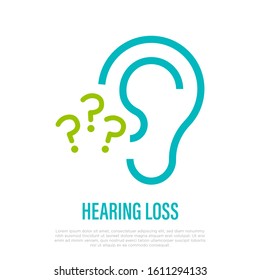 Hearing loss thin line icon. Ear with question marks. Vector illustration.