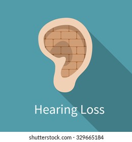 Hearing Loss Vector Illustration. Ear With Brick Wall Inside. Concept For Deafness Or Hearing Problem. Eps 10.  Flat Design, Long Shadow. 