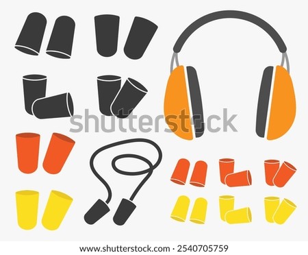 Hearing protection ear muff and plug  icon symbol set. Ear safety sign, protective earplugs, earmuffs sign logo collection. Vector illustration image. Isolated on white background.