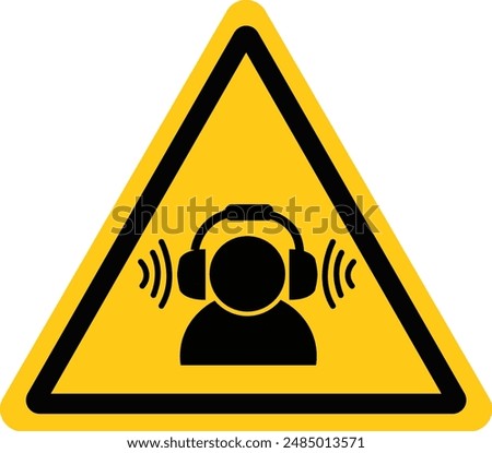 Hearing protection icon. High noise level warning sign. Yellow triangle sign with a human head icon with headphones inside symbol. Warning sign high noise levels logo. flat style.