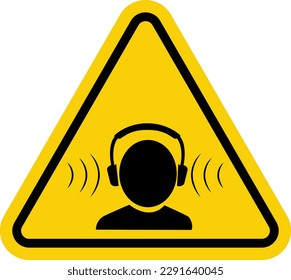 Hearing protection sign. High noise level warning sign. Yellow triangle sign with a human head icon with headphones inside. Wear headphones or earplugs. High noise protection sign.