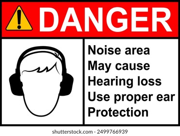 Hearing protection sign. High noise areas. Wear earmuffs or earplugs. Take precautions to protect your hearing. Noise protection sign. Warning sign. Risk hearing loss.