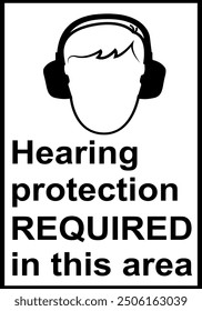 Hearing protection sign. High noise areas. Wear earmuffs or earplugs. Take precautions to protect your hearing. Noise protection sign. Warning sign. Risk hearing loss.