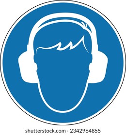 Hearing protection sign. Mandatory sign. Round blue sign. Caution noise, loud sound. Wear earmuffs or ear plugs. Follow the safety rules.