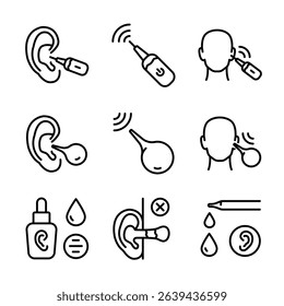 Hearing protection simple icons set. Ear canal cleaning icons collection. Essential icons representing various ear treatments and care, including cleaning and medication.