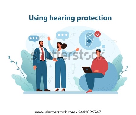 Hearing Protection Use. Engaging vector illustration showcasing individuals using various hearing protection devices to ensure auditory health. Flat vector illustration.