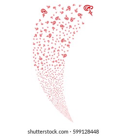 Hearing random fireworks stream. Vector illustration style is flat red iconic symbols on a white background. Object fountain constructed from scattered pictographs.
