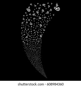 Hearing random fireworks stream. Vector illustration style is flat white iconic symbols on a black background. Object fountain made from scattered design elements.