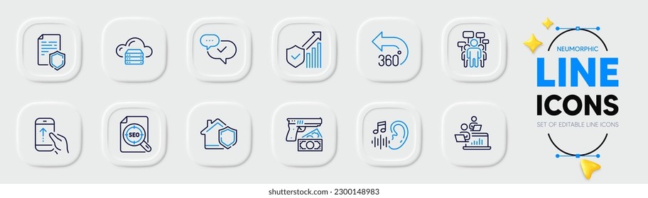 Hearing, Robbery and Seo file line icons for web app. Pack of Voting campaign, Teamwork, Swipe up pictogram icons. Home insurance, 360 degrees, Data security signs. Cloud server. Vector