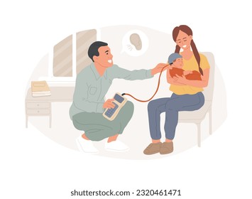 Hearing screening isolated concept vector illustration. Hearing loss evaluation quick test, ear problem screening, diagnosis, sound signal, disability detection, audiologist vector concept.