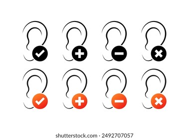 Hearing Set Icons. Ear Icons. Silhouette, Linear and Flat Styles. Vector icons.