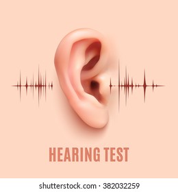 Hearing Test. Background With Realistic Ear An Sound Waves. Vector Illustration.