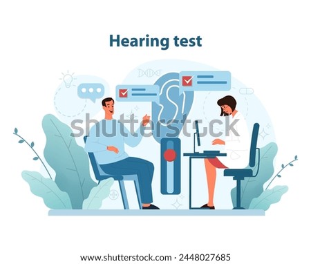 Hearing Test Procedure. Detailed illustration of a patient undergoing an audiometric test with an audiologist in a clinical setting. Flat vector illustration.