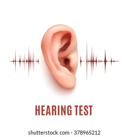 Hearing Test. Realistic Ear On White Background With Sound Waves. Vector Illustration.