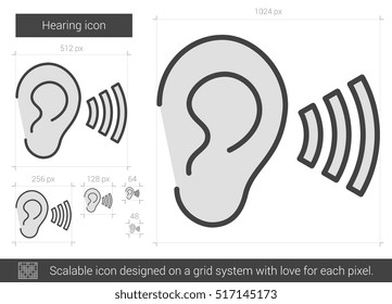 Icono de la línea del vector de audición aislado en fondo blanco. Icono de la línea de audiencia para infografía, sitio web o aplicación. Icono escalable diseñado en un sistema de cuadrícula.