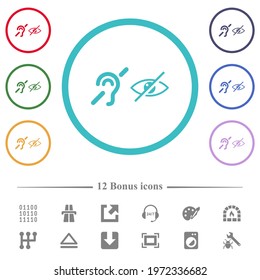 Hearing and visually impaired symbols flat color icons in circle shape outlines. 12 bonus icons included.