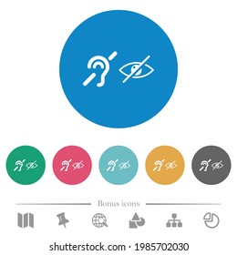 Hearing and visually impaired symbols flat white icons on round color backgrounds. 6 bonus icons included.