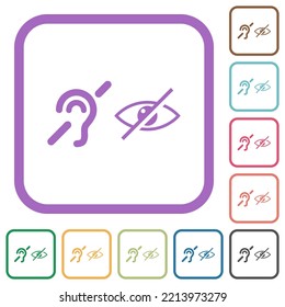 Symbole für Hörbehinderungen und für Sehbehinderte, einfache Symbole auf weißem Hintergrund, mit gerundeten, farbigen quadratischen Rahmen auf weißem Hintergrund