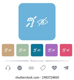 Hearing and visually impaired symbols white flat icons on color rounded square backgrounds. 6 bonus icons included