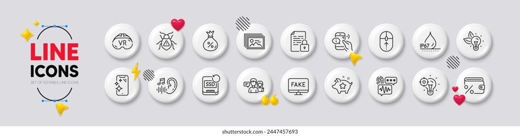 Iconos de la línea de la audición, impermeable y del centro de llamadas. Iconos 3d de Botones blancos. Paquete de Smartphone limpio, préstamo, icono de idea Seo. Recuperación ssd, Seguridad biométrica, Eco energía pictograma. Vector