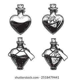 Hearrt shaped bottles set. Black poison and heart inside. Hand drawn sketch style drawing. Magical, witchcraft equipment. Retro vintage vector illustrations isolated on white.