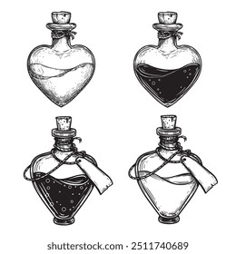 Conjunto de botellas en forma de corazón. Elixir venenoso en el interior. Dibujado a mano dibujo de estilo de boceto. Equipo mágico de brujería. Ilustraciones vectoriales vintage retro aisladas en blanco.