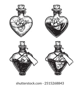 Hearrt shaped bottles set. Poison liquid and hearts inside. Hand drawn sketch style drawing. Magical, witchcraft equipment. Retro vintage vector illustrations isolated on white.