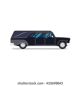 Hearse black car. Flat style icon. Isolated illustration. Coffin Transport Limousine.