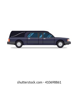 Hearse black car. Flat style icon. Isolated illustration. Coffin Transport Limousine.