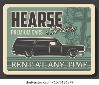 Hearse car service vector design of funeral, burial or cremation. Memorial ceremony cadillac with coffin or casket, rose flower wreath, cross and black ribbons, ceremonial vehicle rental poster