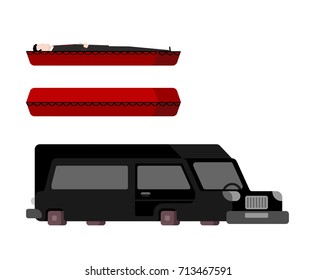 Hearse and coffin cartoon style. Funeral car vector illustration
