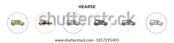 Hearse icon in filled,\
thin line, outline and stroke style. Vector illustration of two\
colored and black hearse vector icons designs can be used for\
mobile, ui, web