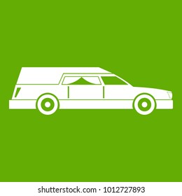 Hearse icon white isolated on green background. Vector illustration