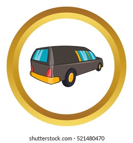 Hearse vector icon in golden circle, cartoon style isolated on white background