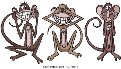 Hear,see And Speak No Evil Cartoon Chimpanzees. Layered Vector File.