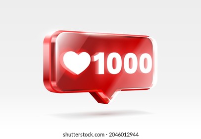 Heart 1000 Like Icon, Sign Follower 3d Banner, Love Post Social Media. Vector Illustration