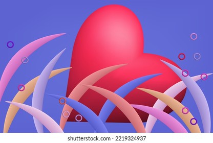 Corazón 3d, fondo abstracto, postal, cartel vectorial de vacaciones. Tarjeta de romance, afiche del día de San Valentín, tarjeta de invitación de fiesta. Flores de primavera, ilustración vectorial. Diseño de fondo publicitario.