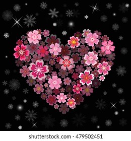 Heart with 3d effect. Flower heart with Snowflakes. Christmas background. 
