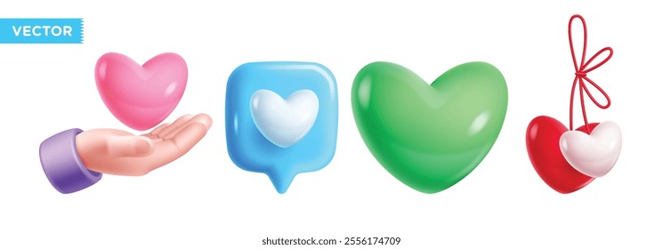 Heart 3d icon balloon clipart set. Hearts shape nubes, hand sign, tied balloon and love symbol clip art collection for valentine's day decoration. Vector illustration balloon icon graphic elements. 
