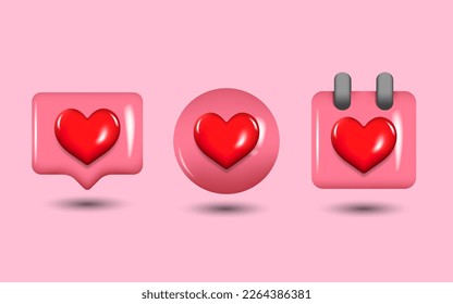 heart 3D icon bundle with pink background.Vector Illustration.