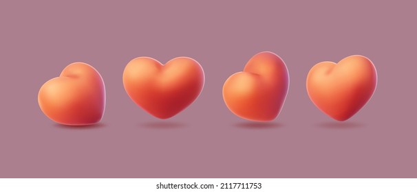 Heart 3d Icon. Love And Valentine's Symbol Realistic Vector Illustration. Different View Angle Emoji