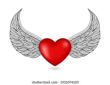 heart 3d icon with wings isolated on white background