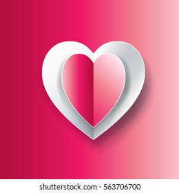 Heart 3d love icon. Valentine's day banner paper cut two hearts pink background. Romantic Holiday poster Vector print. Heart Love, Invitation, Anniversary, wedding gift heart shape