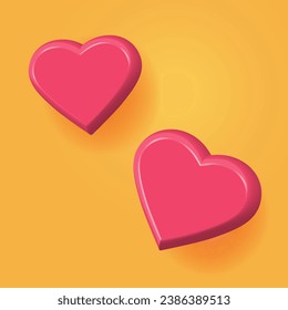 Heart 3d love red icon flying vector graphic illustration on yellow background as decoration cute element image clipart, happy realistic fun comic valentine day backdrop with shadow